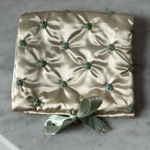 Vintage green embroidered floral satin jewelry storage pouch Andre Richard
